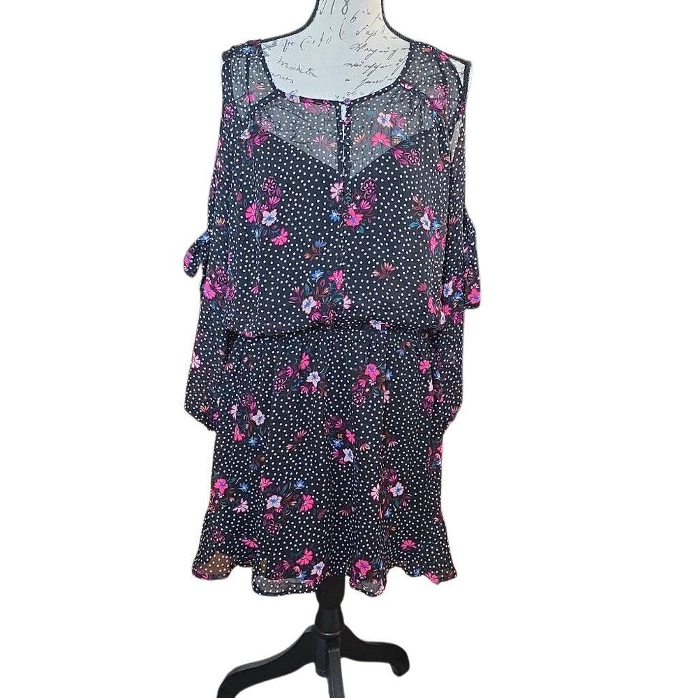 Express Women's Size Large Black White Dot Floral Print Split Sleeve Sheer Dress